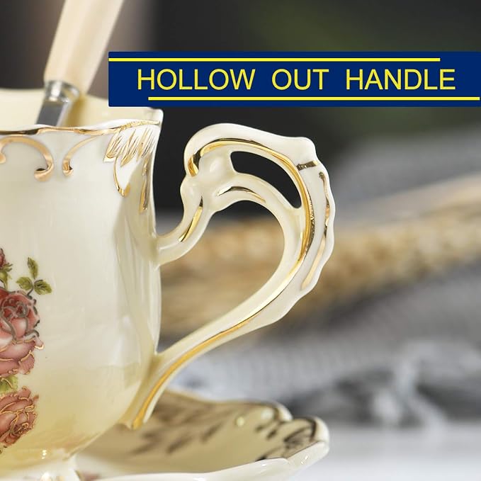 YOLIFE Tea Cup and Saucer Set of 2, 8 oz Vintage Ivory Porcelain Tea Cups Set with Stand, Teacup Saucer Set - Pink Rose with Gold Leaves
