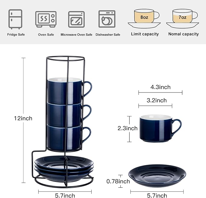 Cappuccino Cups Set of 4, 8oz Stackable Coffee Cups Set with Saucers and Metal Stand, Blue Coffee Mugs and Saucers for Cappuccino, Latte, Americano and Tea