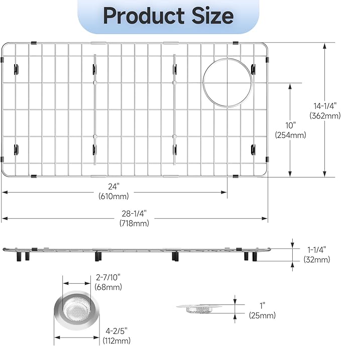 28-1/4" x 14.37" x 1-1/4" Metal Stainless Steel Sink Protectors for Kitchen Sink, Sink Rack for Bottom of Sink with Side Drain, Sink Grate for Bottom of Kitchen Sink with Sink Strainer