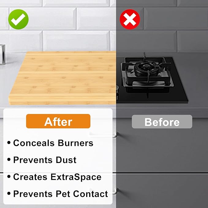 Bamboo Noodle Board Stove Cover for Electric and Gas Stoves - Sink Cover, 30"L x 22"W x 2.5H" - Double-Sided Usable