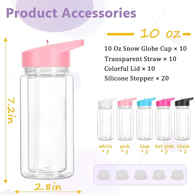 10 Pack 10 Oz Plastic Snow Globe Tumbler for Kids with Pre-Drilled Hole and Plug, Leak Proof Double Wall Snow Globe Sports Water Bottle with Portable Handle for Glitter DIY Gift, Mixed Color