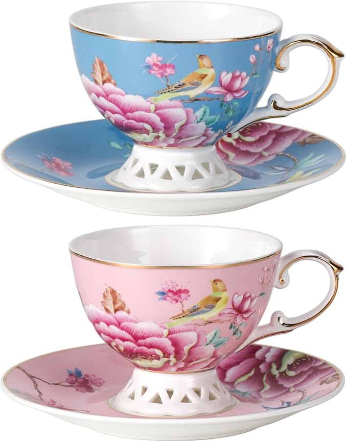 KAMMAK Tea Cups and Saucers Set of 2, Fine Bone China Coffee Cups, Stackable Espresso Mugs, Ceramic Demitasse for Coffee, Cappuccino, Latte, Americano, Tea, Blooming Flowers (Blue + Pink)