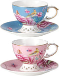 KAMMAK Tea Cups and Saucers Set of 2, Fine Bone China Coffee Cups, Stackable Espresso Mugs, Ceramic Demitasse for Coffee, Cappuccino, Latte, Americano, Tea, Blooming Flowers (Blue + Pink)