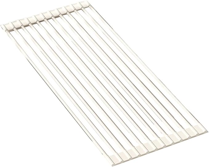 Silicone Non-Slip Dish Drying Rack, Drain Board Over the Kitchen Sink, Roll-Up Dish Rack Drainer, Rust-Resistant Drain Board(White,12 Long rods)