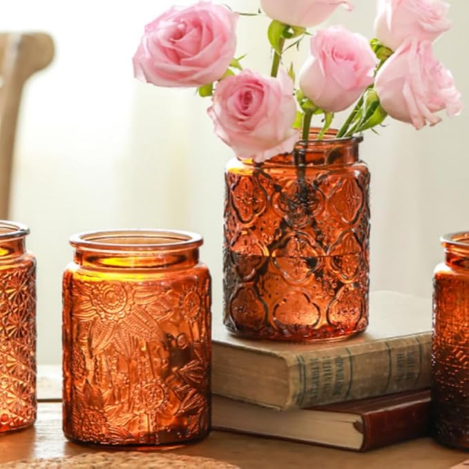 ANSQU Set of 2 Vintage Glass Kitchen Storage Counter Jar, 23.7 FL OZ Candy Jars with Lids, Coffee Container for Ground Coffee, Mason Jar Hold Tea, Sugar, Bath Salts & More (Amber, 2 Pack)