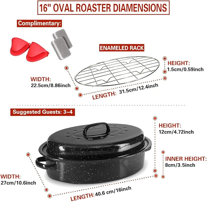 18 Inch Enamel Roasting Pan with Lid & Rack, Oven & Dishwasher Safe Turkey Roaster, 932°F Heat Resistant, Includes Silicone Handles & Cleaning Sponges