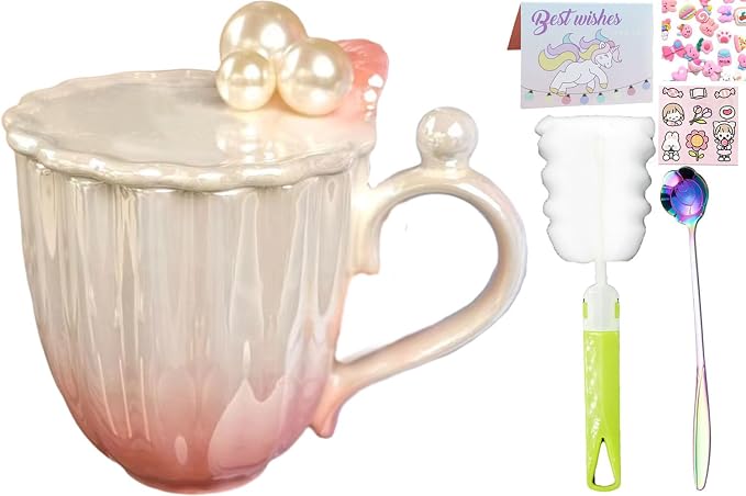 Pearl Ceramic Coffee Mug for Tea Latte Milk Cute Love Shape Cup for Home Office Women Gift 6.5 oz (Shell Pearl Gradient Pink, 420 ml)