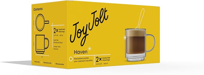 JoyJolt Haven Stackable Double Wall Glass Mugs, Set of 2 (13.5oz) Insulated Coffee Cups, Double Wall Glass Coffee Cups, Tea Cups, Latte Cups, Cappuccino Cups, Clear mugs set of 2