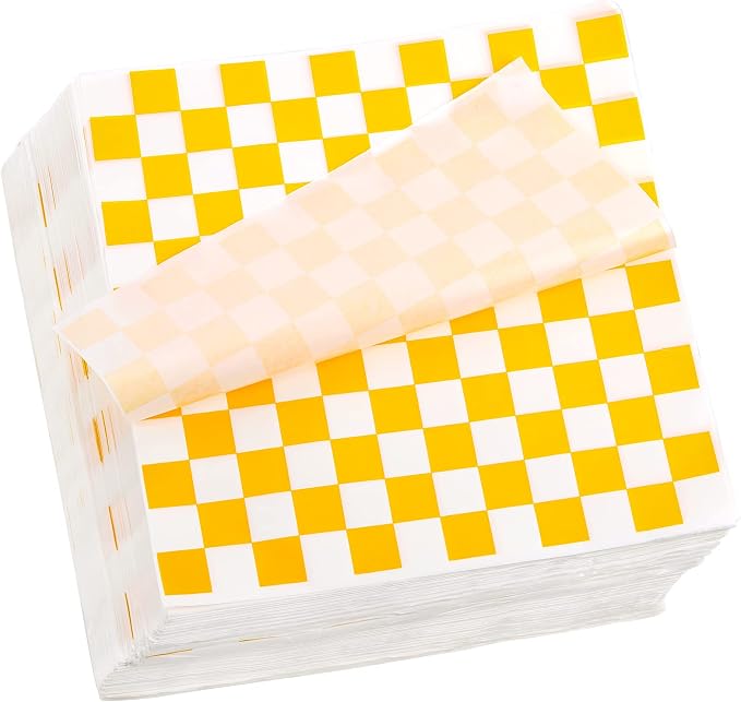 Fasmov 1000 Sheets 12 x 12 inches Sandwich Paper Deli Basket Liner Wrap Food Basket Liners Wrapping Checkered Sheets, Yellow & White