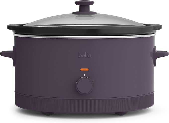 bella 6.0 Qt Manual Slow Cooker, Ceramic Nonstick Coating, 3 Temperature Settings, Dishwasher Safe Stoneware Pot and Tempered Glass Lid, Cool Touch Handles & Tangle Free Cord Wrap, Plum