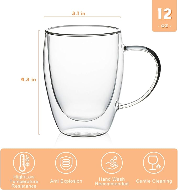 MEWAY 12oz/6 pack Coffee Mugs,Clear Glass Double Wall Cup with handle for Coffee, Tea, Latte, Cappuccino (12 oz，6)