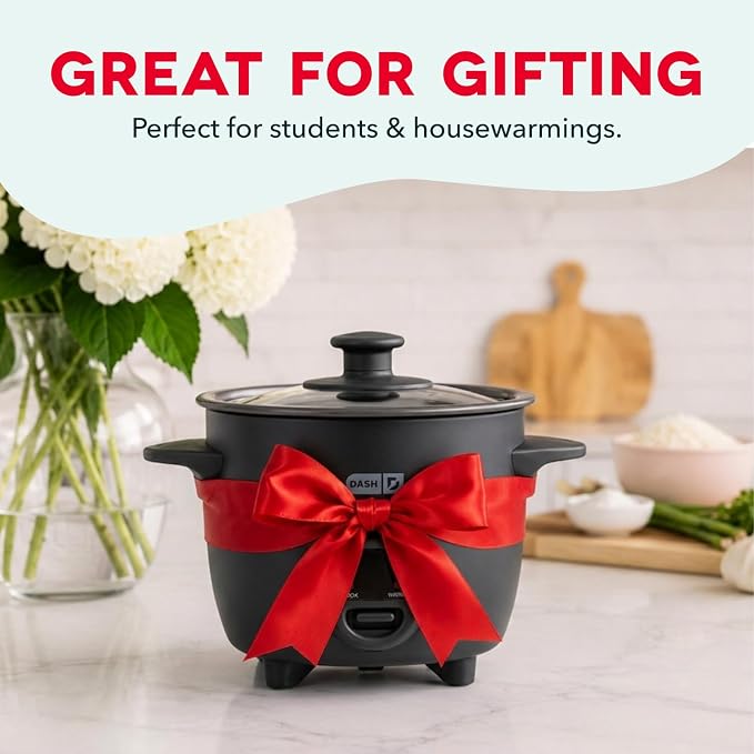 Dash Mini Rice Cooker | Small Rice Maker, 2 Cups Cooked / 1 Cup Uncooked, Ceramic Nonstick Removable Pot, Keep Warm Function, Compact and Portable for Dorm, Travel, Single Serve, Black