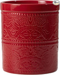 FUN ELEMENTS Kitchen Utensil Holder, 7.2" Super Large Utensil Crock Heavy and Stable Lace Emboss Ceramic Utensil Holder for Kitchen Counter (Christmas Red)