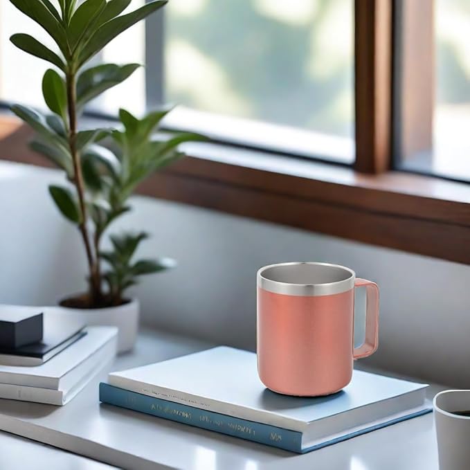 Volhoply 14oz Insulated Stainless Steel Coffee Mug with Lid Bulk 4 Pack,Double Wall Vacuum Travel Coffee Cup with Handle,Reusable Cups Tumbler Cup,Camping Mugs Keep Hot,Ideal Gifts(Rose Gold,4)