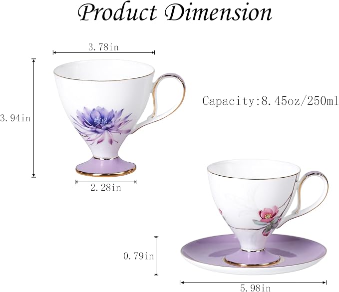 KAMMAK Ceramic Coffee Cups Saucers Set of 2, Porcelain Espresso Cup with Saucer, 8.45 oz Handmade Elegant Bone China Tea Cups, Purple Floral Demitasse Cup for Latte, Americano, Cappuccino