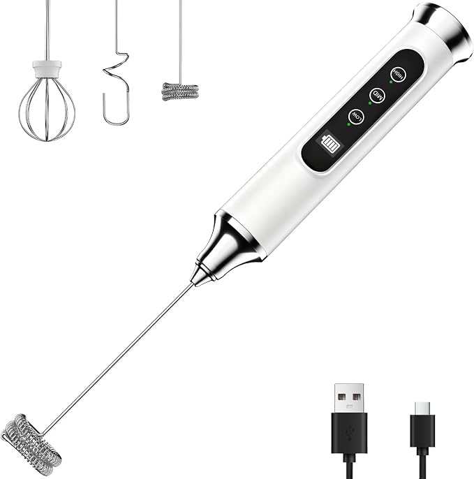 YUSWKO Milk Frother Wand for Coffee, White Handheld Coffee Frother, Rechargeable Drink Mixer, Waterproof Electric Whisk