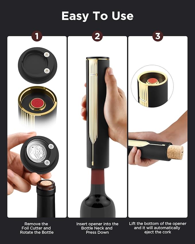 Newise Rechargeable Electric Wine Opener with Charging Base & Foil Cutter, Automatic Corkscrew for 60 Bottles, Luxury Mothers Gift for Wine Lovers Women Men - Gold & Black