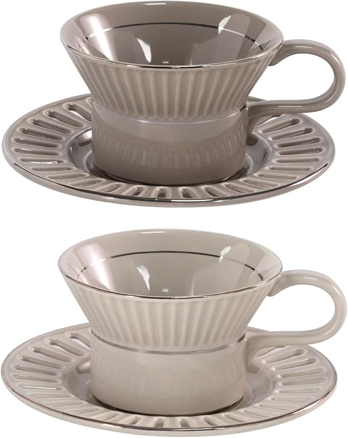 KAMMAK Tea Cups and Saucers Set of 2, 6.7oz Porcelain Coffee Cups with Saucers, Ceramic Espresso Mugs for Coffee, Latte, Americano, Tea, UN Teacup and Saucer (YFH6+7)