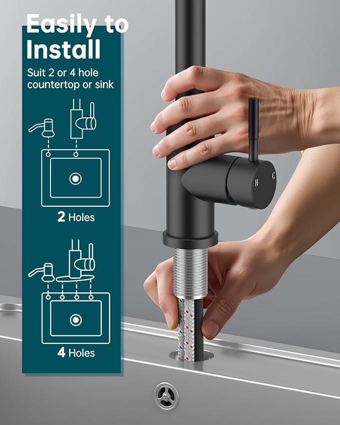 Hiqufet Black Kitchen Faucet with Soap Dispenser & Pull Down Sprayer, Rv Kitchen Sink Faucets for Pot Filler, Farmhouse Camper Bar Sink Laundry, RV Bathroom, Single Hole Single Handle Stainless Steel