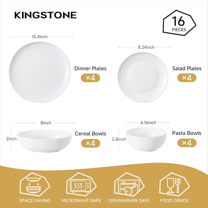 KINGSTONE 16-Piece Bone China Dinnerware Sets for 4, Lightweight Porcelain Dish Serving Plates and Bowls Sets, Durable Scratch Resistant Dinner Set, Microwave & Dishwasher Safe, Ivory White