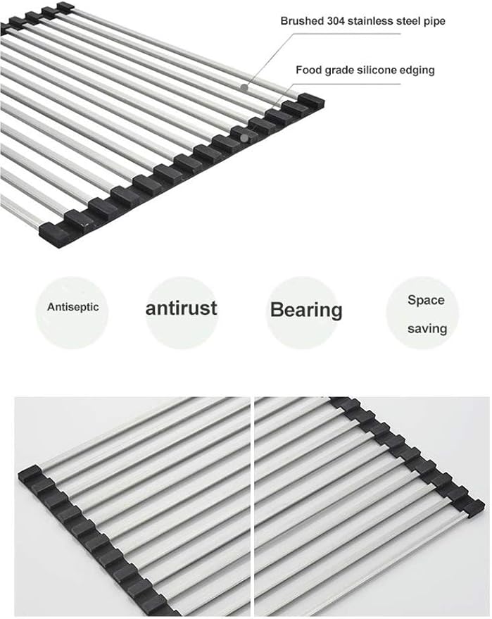 Roll Up Dish Drying Rack Over The Sink Dish Drying Rack Made of Stainless Steel and Silicone Coat Fruit and Vegetable Drying，for Kitchen Sink(37 * 33cm/14.6 * 13inch)