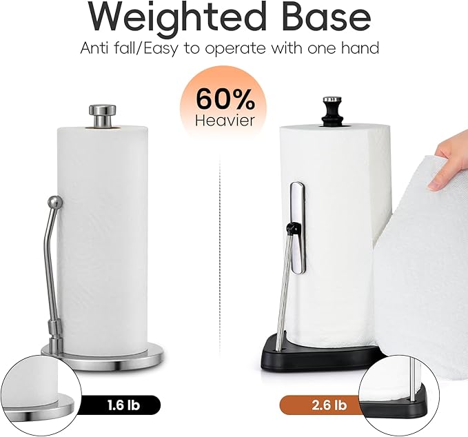 Dailyart Paper Towel Holder with One Hand Tear, Tension Arm & Non-Slip Weighted Base - Stainless Steel Kitchen Counter Stand for Paper Roll, Silver