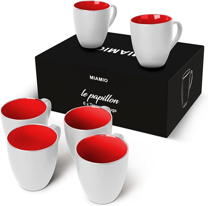 MIAMIO - Set of 6 Coffee Mugs 12 ounce – Modern Ceramic Coffee Cup Set in White Red – Large Coffee Cups for Coffee, Tea and Cappuccino – Dishwasher and Microwave Safe