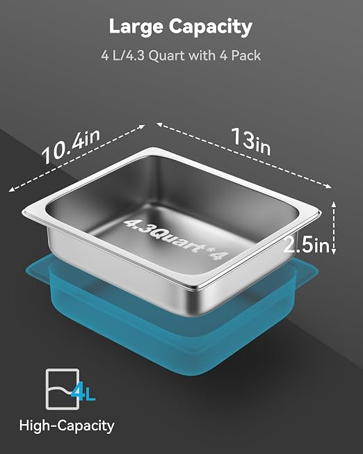 ZeroPone 4 Pack Hotel Pans with Lids, 1/2 Size 2.5" Deep Stainless Steel Steam Table Pans 22 Gauge Anti Jam 12.8" L x 10.4" W Commercial Food Storage Containers Metal Pan