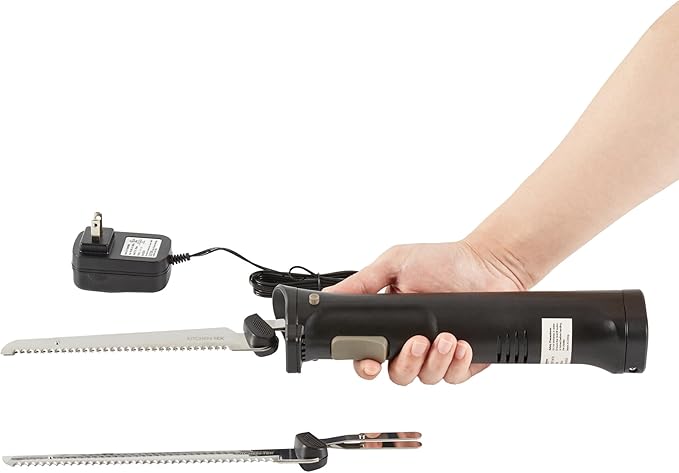 Restaurantware-Kitchen Tek Electric Knife Set, 1 Electric Knife With Motorized Handle - Includes 1 Bread And 1 Carving Tool, Ergonomic, Black Plastic Food Cutter With Stainless Steel Blades