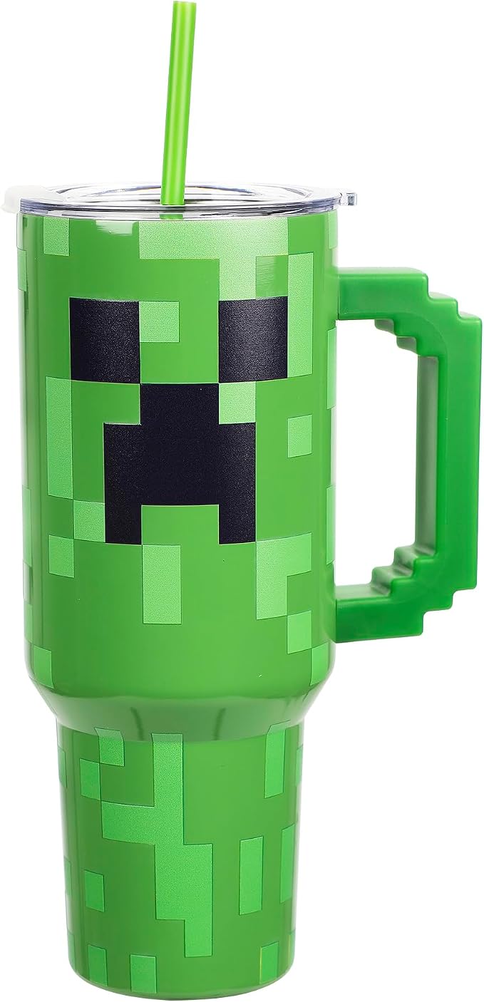 Bioworld Minecraft Creeper Ultimate 40 Oz. Stainless Steel Tumbler With Pixelated Handle