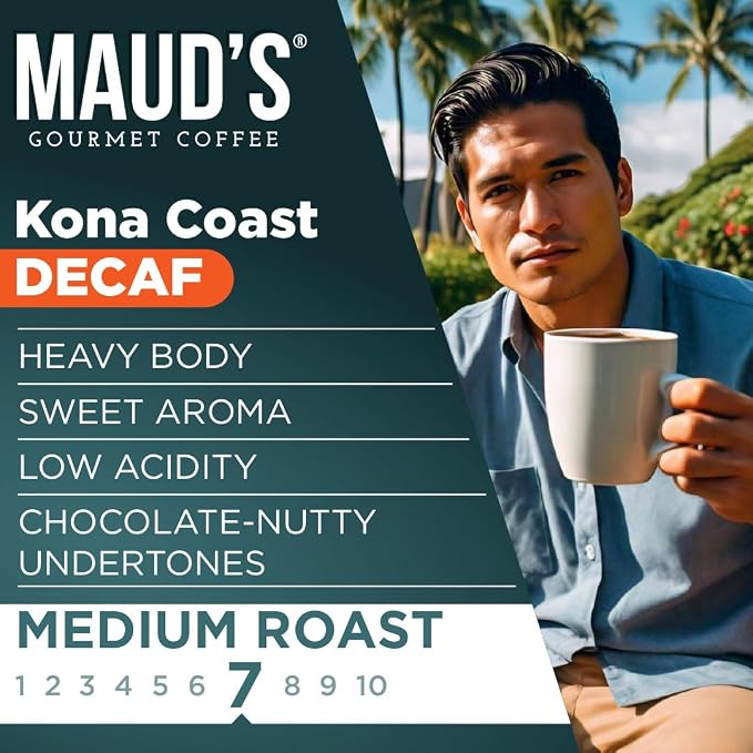 Maud's Decaf Kona Coffee Pods, 18 ct, Decaffeinated Medium Roast Coffee in Single Serve Pods – 100% Arabica Coffee, Compatible with Keurig K Cups Maker