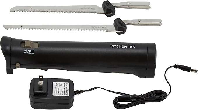 Restaurantware-Kitchen Tek Electric Knife Set, 1 Electric Knife With Motorized Handle - Includes 1 Bread And 1 Carving Tool, Ergonomic, Black Plastic Food Cutter With Stainless Steel Blades