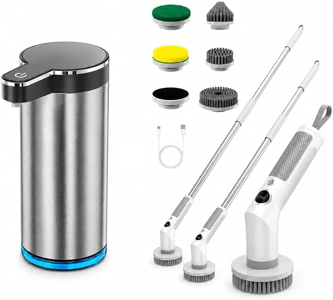 Bathroom Cleaning & Hand Care Bundle, Touchless Foaming Soap Dispenser and Cordless Electric Spin Scrubber Set