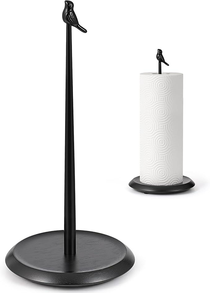 Wooden Paper Towel Holder countertop,Stylish Bird Shaped,Solid Wood Base&Iron Top,with Non-Slip Mat,Stable&Durable,Paper Towel Holder Black-Farmhouse Style to Elevate Your Kitchen's Décor(All Black)