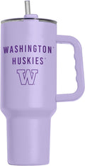 Logo Brands NCAA Washington Huskies Lavender 40 oz Tumbler with Handle - Stylish Everyday Use Powder Coated-Stainless Steel with Straw- Keeps Cold For Hours