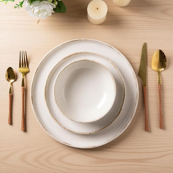 AmorArc Ceramic Dinnerware Sets, Wavy Rim Stoneware Plates and Bowls Sets, Highly Scratch Resistant | Dishwasher & Microwave Dishes set, Service for 4 (12pc)-Speckled Cappuccino)