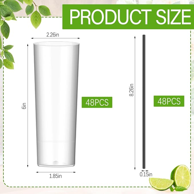 Plastic Highball Glasses with Straws(set of 48), 9 oz Shatterproof Drinking Cups, Tall Whiskey Collins Glass with Straw, Smoothie Tumbler Mojito Cocktail Cup for Wedding Spring Summer Party