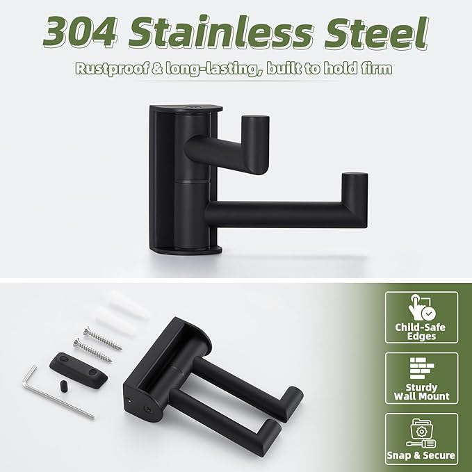 APLusee Swivel Towel Hook 2 Arms Matte Black, 304 Stainless Steel Bathroom Double Towel Holder, Folding Robe Hook Wall Mounted