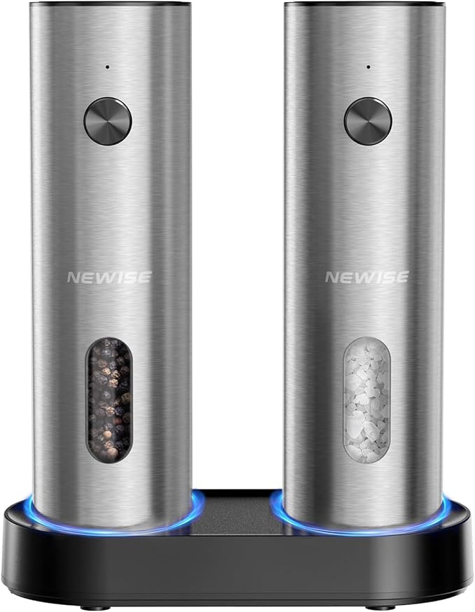 Newise Electric Salt and Pepper Grinder Set - Charging Base, Automatic Rechargeable Pepper Mill with Adjustable Coarseness, LED Lights, Large Capacity, Kitchen Appliance for Mom Wife