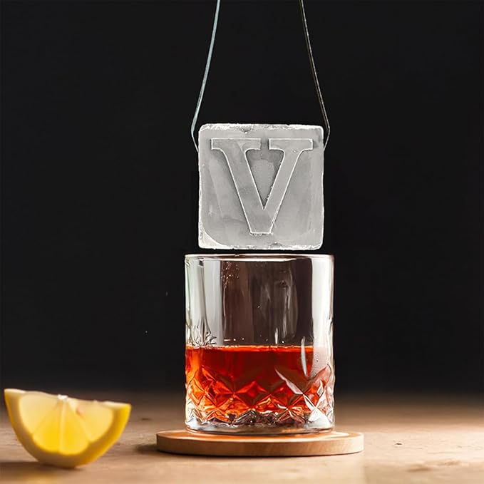 Monogrammed Ice Cubes Mold with Lid, 2 inch Whiskey Ice Cube Tray, Personalized Initials Silicone Cocktail Ice Cube Mold, Wedding Monogram, Thank You Gift, Gifts for Dad (Letter V)