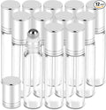 PrettyCare Set of 12, 10 ml Essential Oil Roller Bottles with Stainless Steel Roller Ball - Refillable Leak-proof Empty Thick Clear Glass Roll on Bottles with Silver Metal Caps for Travel, Perfume