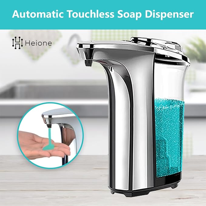 Automatic Soap Dispenser Touchless - Battery Operated Sensor Liquid Soap Pump for Kitchen Sink & Bathroom - Silver Glossy Color, 5 Adjustable Levels, IPX4 Waterproof, 17oz / 500ml