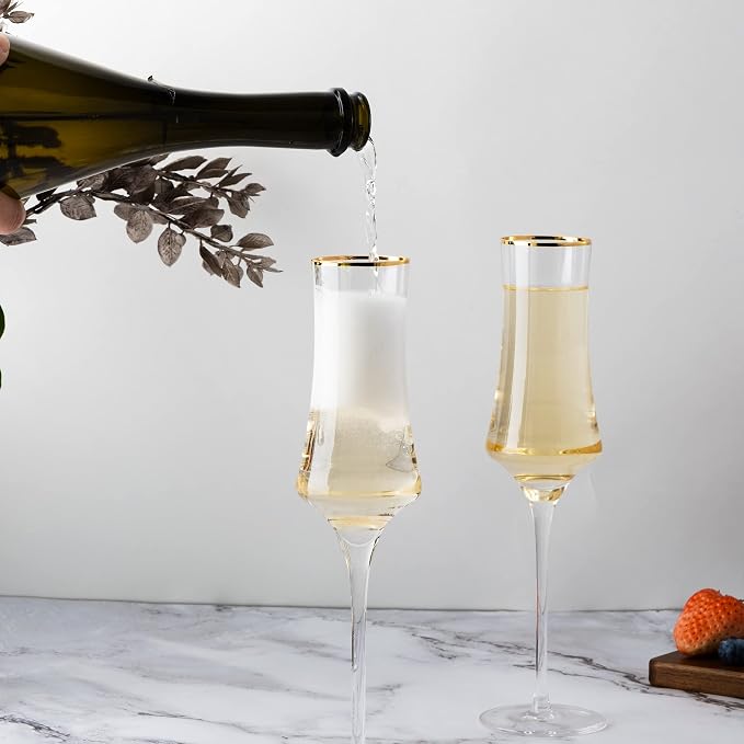 NEW Champagne Flutes Glasses 8oz Set of 6 Clear Crystal Lead-Free Stemware Champagne Glass With Gold Rim