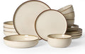 Famiware Milkyway Stoneware Dinnerware Set, 16-Piece, Including Pasta Bowl, Double Reactive Glaze, Plates and Bowls, Service for 4, Microwave and Dishwasher Safe, Scratch-Resistant, Light khaki