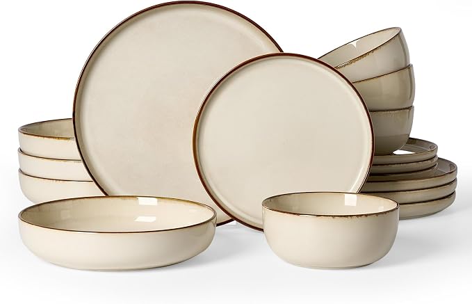 Famiware Milkyway Stoneware Dinnerware Set, 16-Piece, Including Pasta Bowl, Double Reactive Glaze, Plates and Bowls, Service for 4, Microwave and Dishwasher Safe, Scratch-Resistant, Light khaki