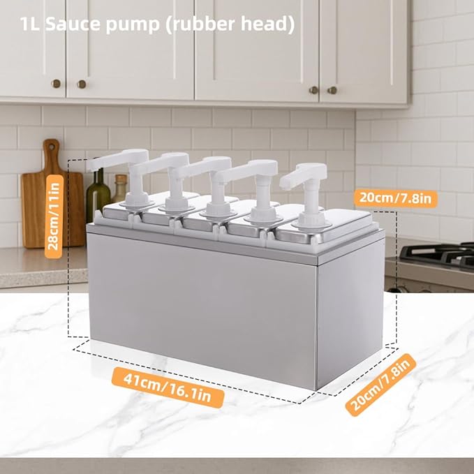 5.28 Quart Condiment Dispenser Pump,Syrup Pump Dispenser with Measuring Cup, Detachable Leak-Proof Design for Sauce, Honey, Syrup,Soy Sauce,Mustard,Cheese (1.06 QT Each, 5 pumphead)