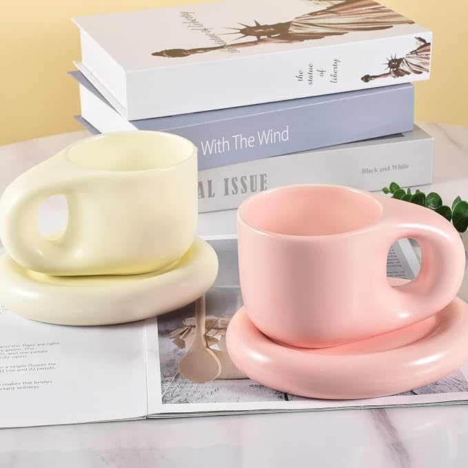 Koythin Ceramic Coffee Chubby Mug Saucer Set, Creative Cute Fat Handle Cup with Saucer for Office and Home, Dishwasher and Microwave Safe, 10 oz for Latte Tea Milk (Beige)