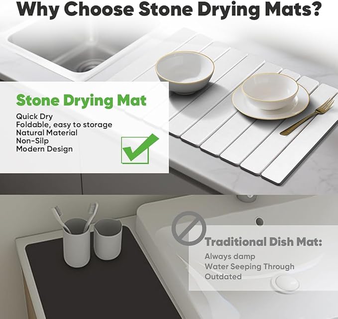 Stone Drying Mat for Kitchen Counter, Quick Diatomaceous Earth Mats for Dishes, 23.6"L x 15.7" W Super Absorbent Fast-Drying Collapsible Countertop Stone Mat (White, 24" x 16")