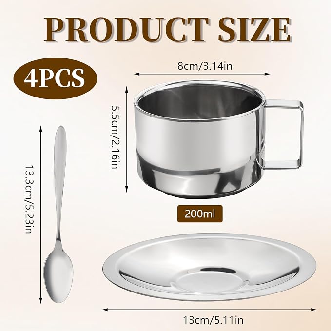 4 Sets of 304 Stainless Steel Coffee Cups with Spoon & Saucer, 6.8 Oz Metal Espresso Mugs, Double Walled Insulated Espresso Coffee Cup for Cappuccino Latte Milk Tea Beverages (4 Sets，200 ml)