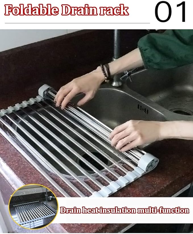 Roll Up Dish Drying Rack Over The Sink Foldable Dish Drainer Silicone Covered Stainless Steel Rod Ends Multipurpose Kitchen Utensils Easy to Store(Size:50x33cm)(Tobes - 16,43x33cm)